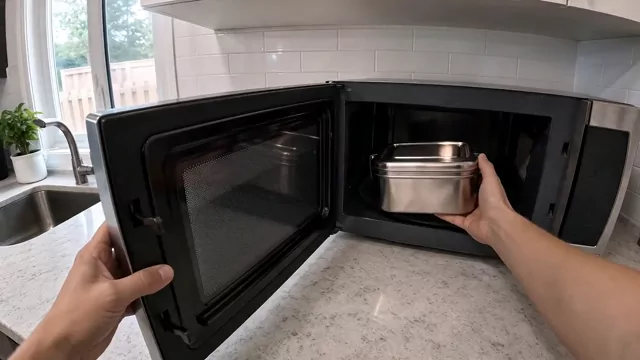 A metal container near the microwave